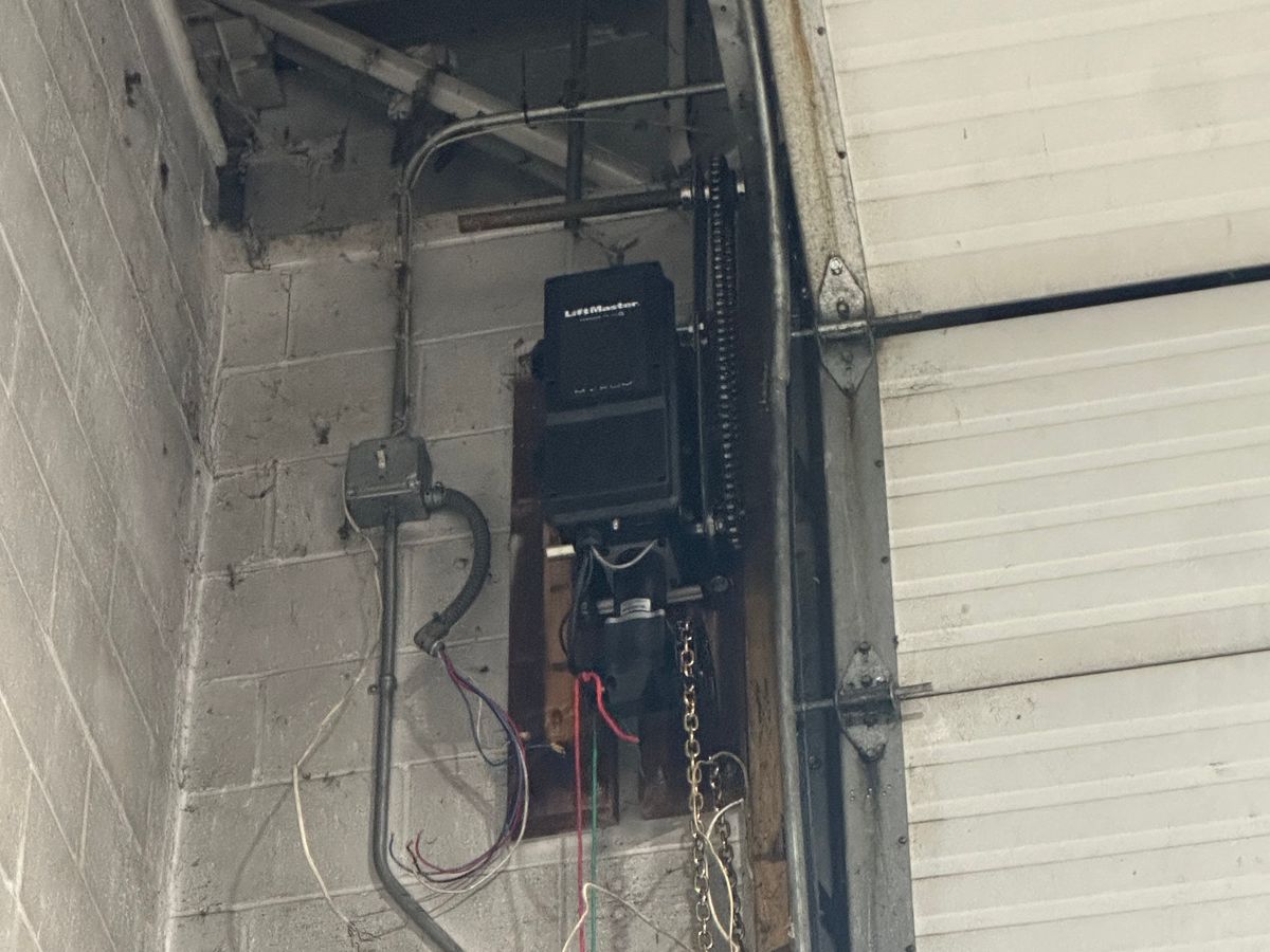 LiftMaster wall-mount commercial opener on a block wall beside a sectional door, with its drive chain and hand chain