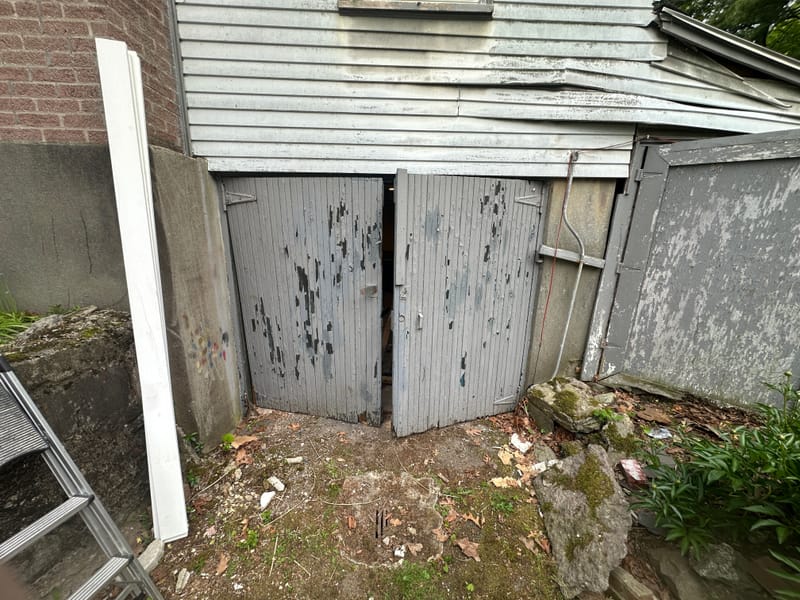 Before: worn wooden swing doors on a garage opening under a house
